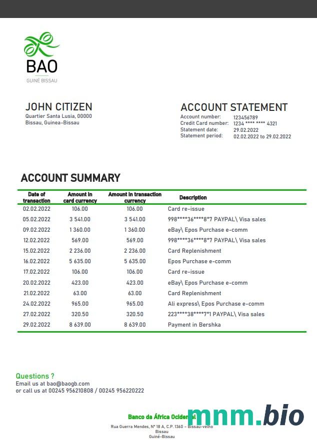 Gwinea Bissau Banco da Africa Ocidental wyciąg bankowy xls